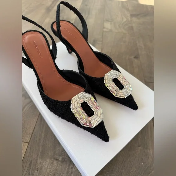 New Authentic Amina Muaddi Camelia 60mm Tweed Slingback Pump Size 38.5 - Picture 9 of 10